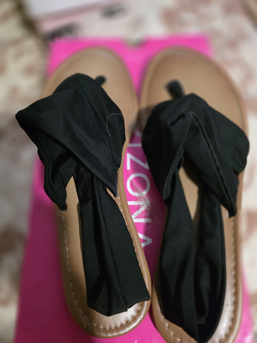 Arizona Jean Company Black Wrap Sandals with Tan Footbed